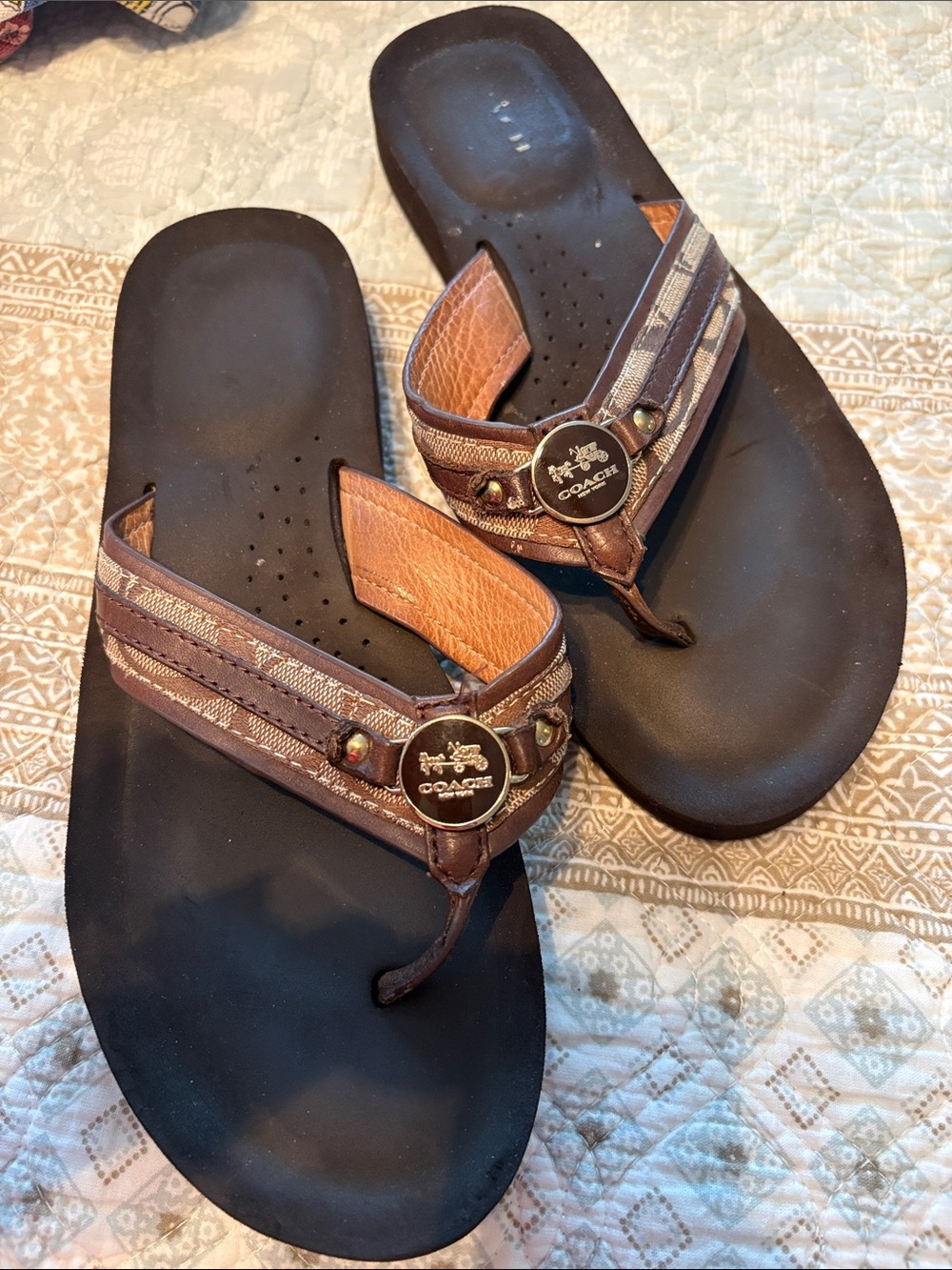 Coach Woman’s Brown and Black Leather-Trim Flip Flops